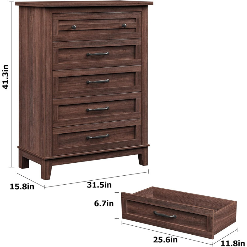 Commode pour la chambre à coucher 5, commode verticale de 41,3 po de hauteur avec grand rangement, commode sur pied en bois