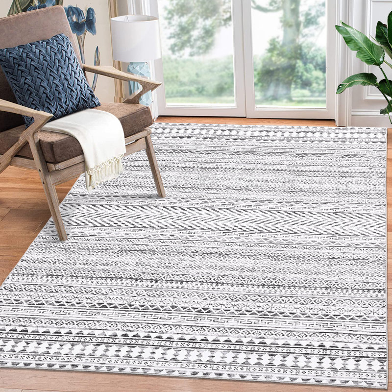 Tapis antidérapant et lavable Boho, Gris, Rectangle 5 pi x 7 pi