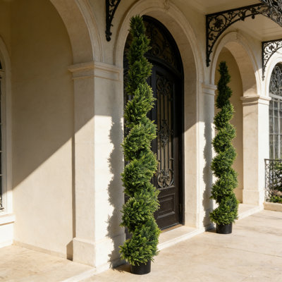 Artificial Cedar Topiary Spiral Tree - 6 Foot Tall - Potted Two tone Green Cedar - UV Resistant Indoor Outdoor Home Patio Front Door Faux Decor, set of 2