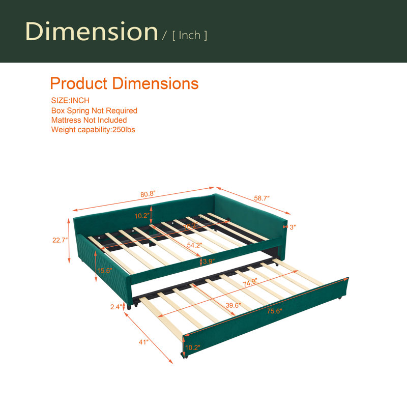 Upholstered Daybed With Trundle,Sturdy Wooden Bed Frame, Modern Diamond Grid Design,For Bedroom, Guest Room, Emerald