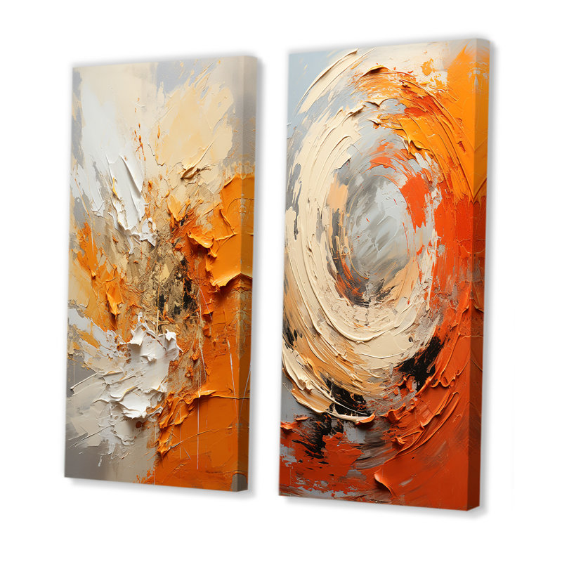 Orange And Beige Echoes Of Modern Shapes I - Abstract Painting Canvas Prints Set Of 2, 32" H x 33" W, Wrapped Canvas