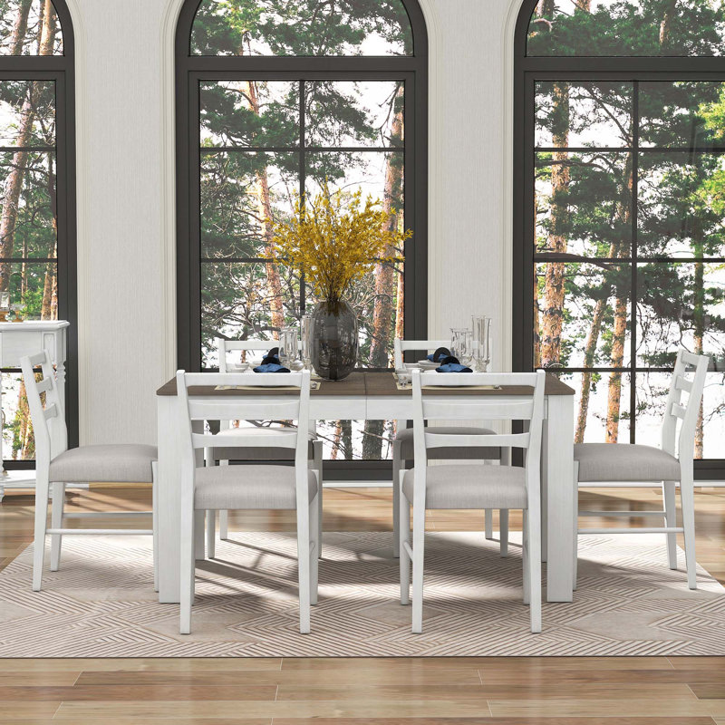 7-Piece Dining Table Set Extendable Table With 12” Leaf, Brown/White