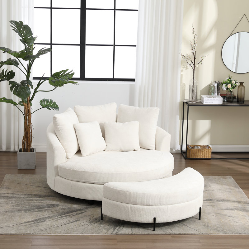 Fauteuil demi-tonneau rembourré avec repose-pieds, Chenille beige