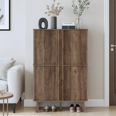 Aurel  Mid-Century 18-Pair Shoe Cabinet with Fluted Sliding Doors