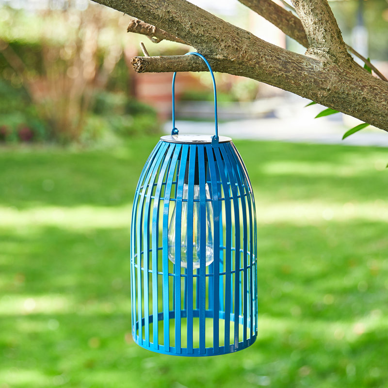 Nyota 9.75" Metal Woven Solar Powered  Outdoor Hanging Lantern, Blue