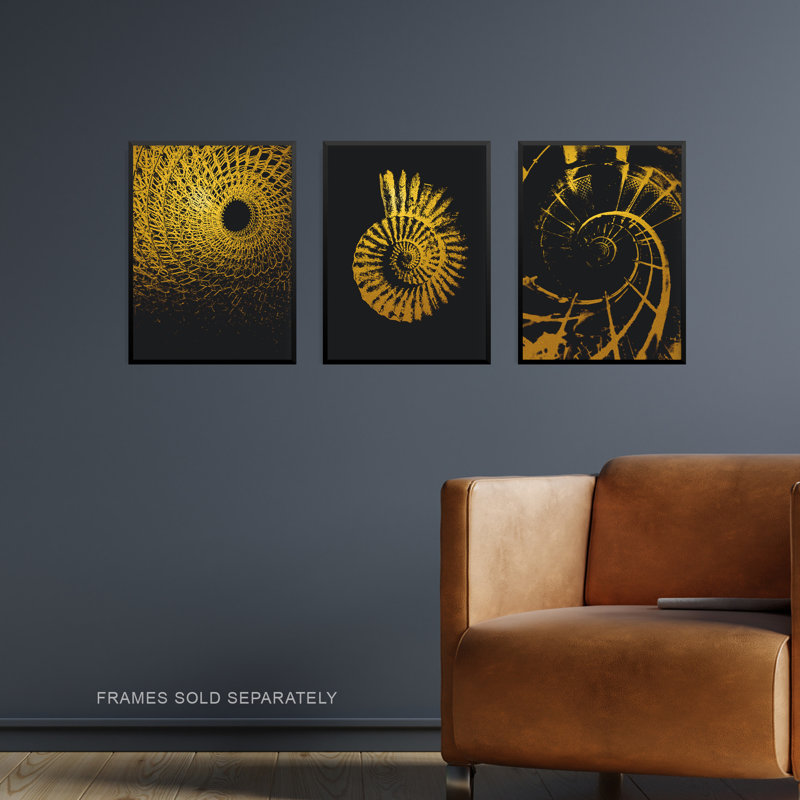 Mercedi Abstract Spiral Shapes Shell Staircase Gold Effect - 3 Piece No Frame Print, 29.7" H x 21" W x 0.4" D