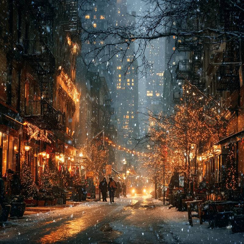 «Snowy City Street with Holiday Lights», art mural sur toile, 30 po x 30 po