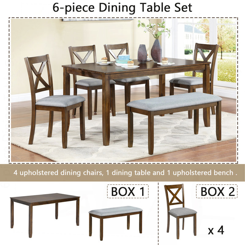 Ensemble de salle à manger de cuisine 6 pièces, table de salle à manger rectangulaire en bois avec 4 chaises rembourrées et un banc, ensemble de table de salle à manger pour 6 personnes, salon, bar et cuisine, noyer