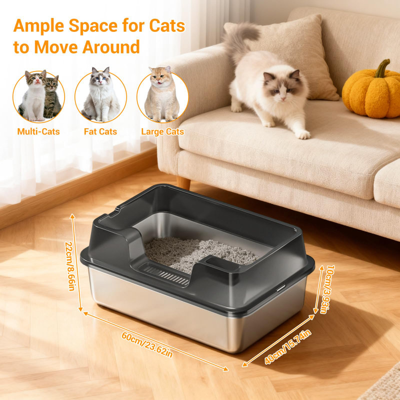 Litière en acier inoxydable avec couvercle pour gros chats, y compris pelle, 10.62" H x 23.62" W x 15.74" D, Noir/gris