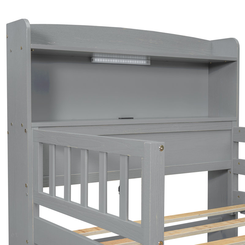 Lit plateforme en bois avec lumière DEL intégrée, tête de lit multifonctionnelle, garde-corps et 2 tiroirs, Gris