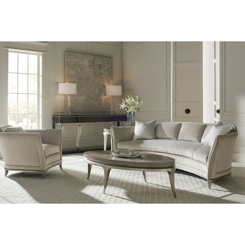 Beige Velvet Crescent-Shaped Sofa with Wood Base