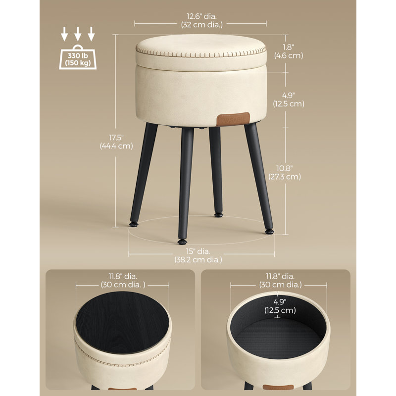 Storage Ottoman, Vanity Stool, Synthetic Leather With Stitching, Mid-Century Modern, Round Storage Seat, White