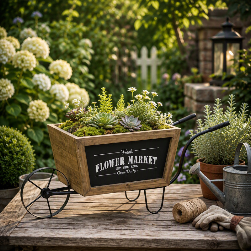 Jardinière en forme de brouette en bois avec cadre en fer et panneau « Marché aux fleurs »