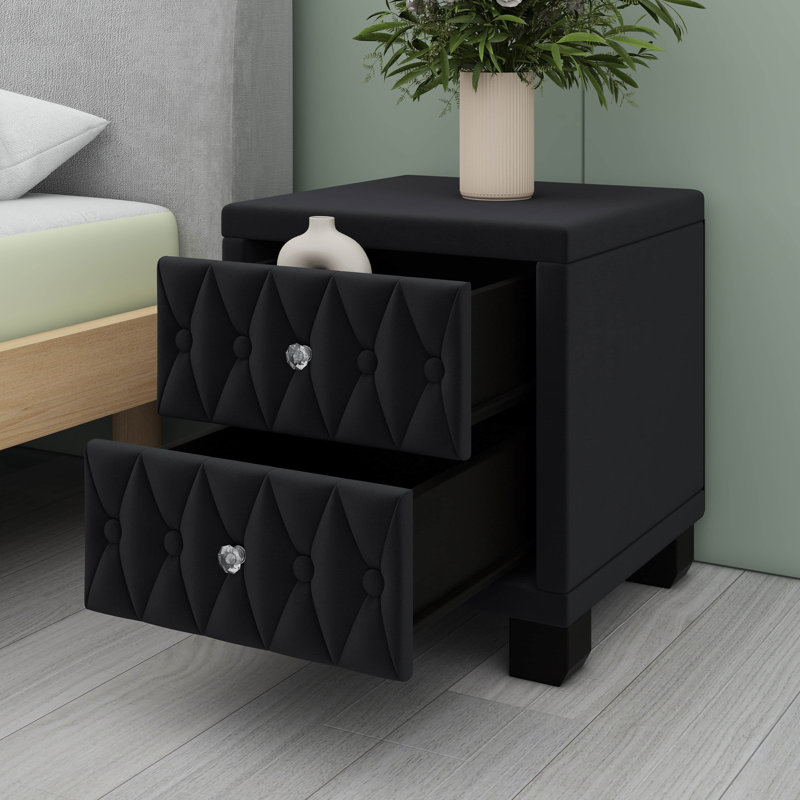 Table de chevet avec rangement et capitonnage à boutons Elegant, Noir
