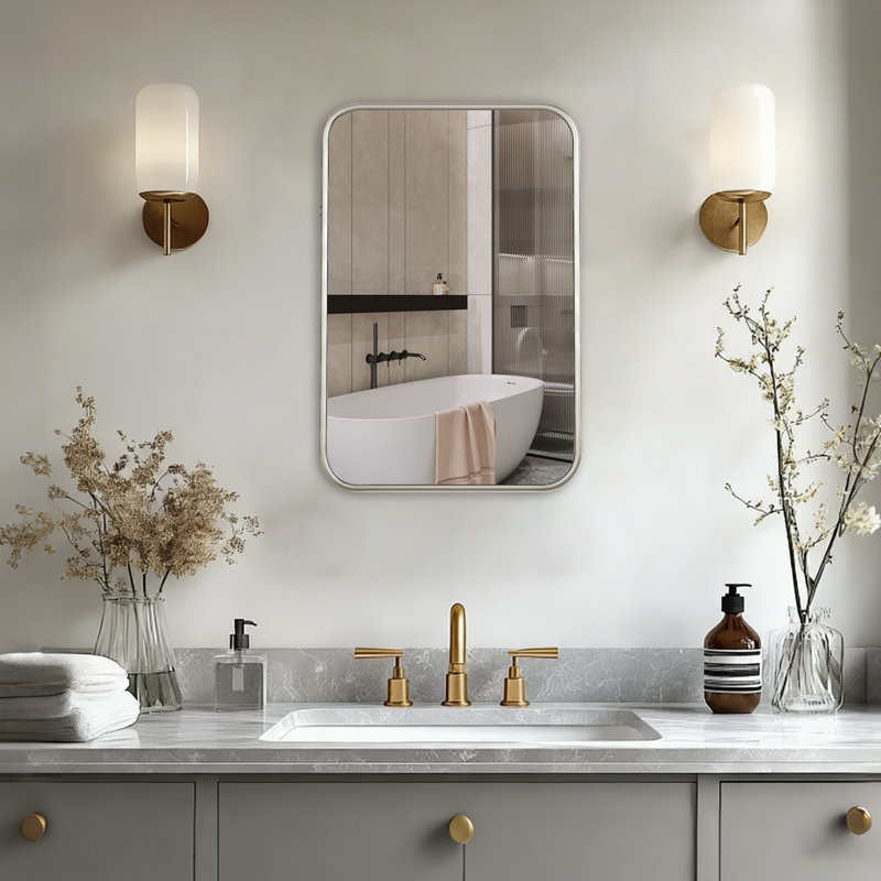 20"x30" Vintage Rectangle Medicine Cabinet with Mirror, Wall Mounted Bathroom Storage with Recessed/Surface Mount Options, Sliver Metal Frame