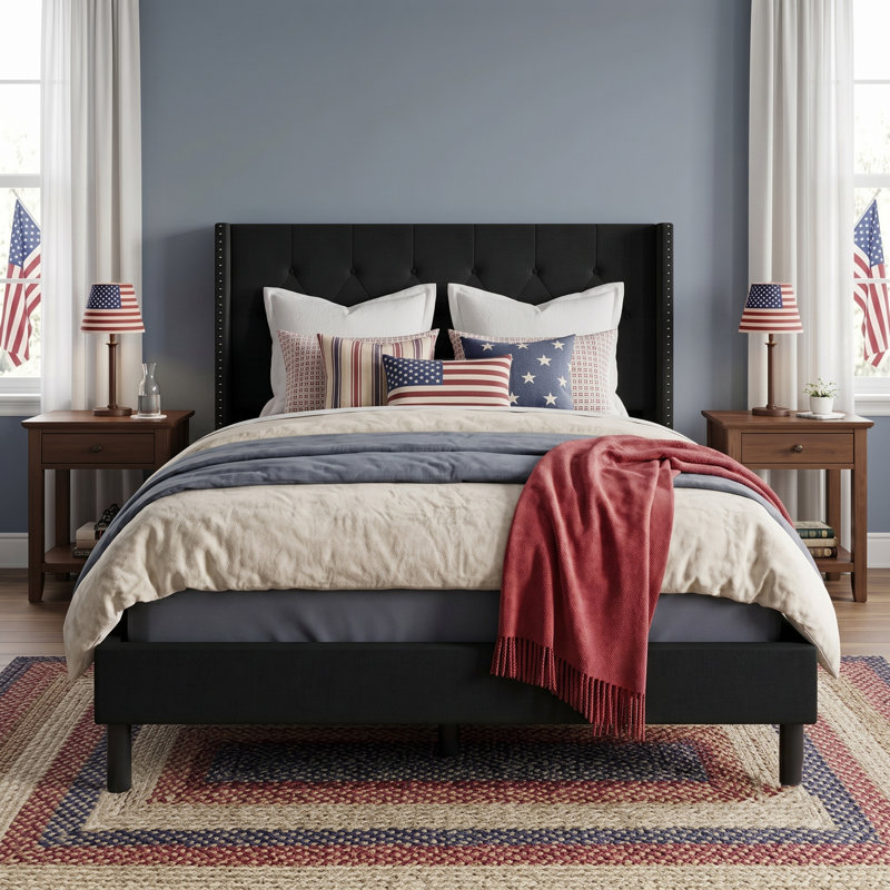 Viers Tufted Upholstered Wingback Panel Bed, Black, Queen