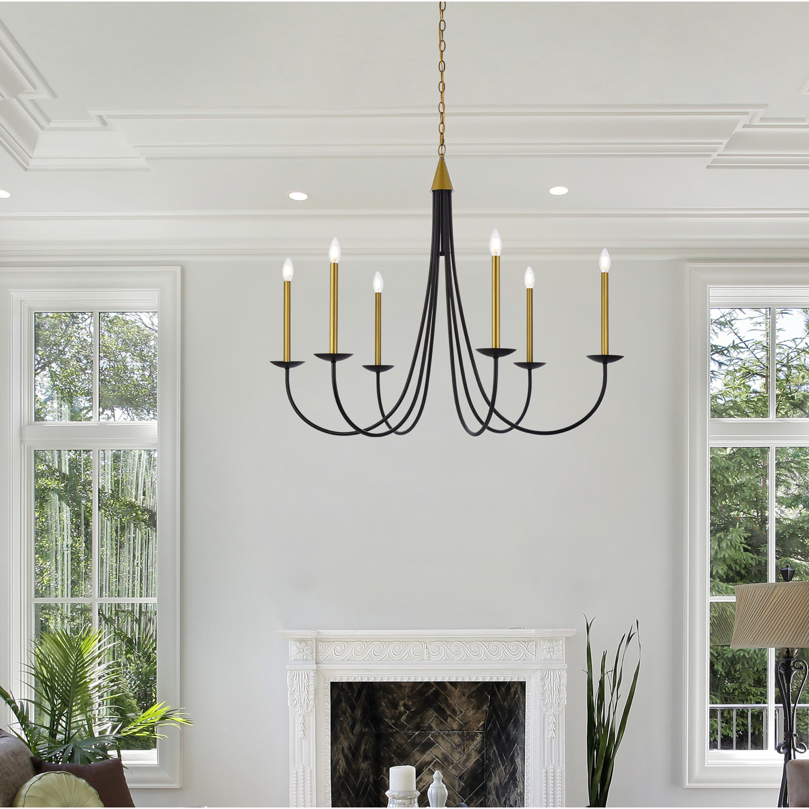 Baltray 6-Light Chandelier, Black/Brass, 35.3" H x 42" W x 42" D