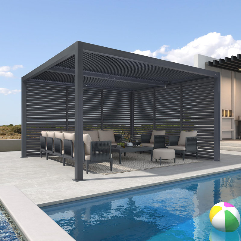 Pergola mauve à persiennes en aluminium 12 'x 14' avec toit à persienne fixe pour terrasse et abri de jardin à toit rigide gris, 1 côté long et 1 côté court