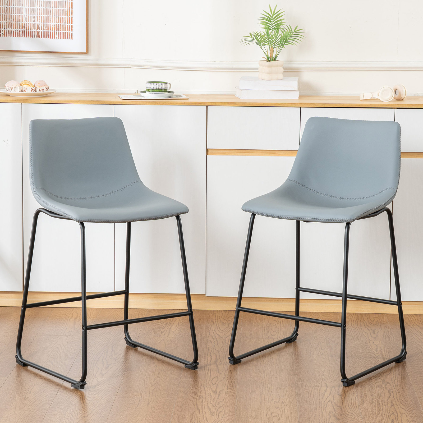 Anke Vegan Leather Armless (Set of 2), Gray, Counter Stool (24” Seat Height)