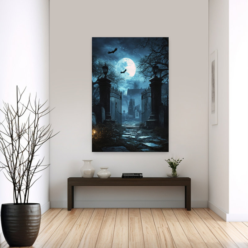 Moonlit, cimetière, portes, gothique, abstrait, oiseau contemporain, architecture, paysage, art mural, 60" H x 40" W