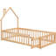 Lit simple au sol avec tête de lit en forme de maison et clôture de garde-corps - Structure en pin-1359313040