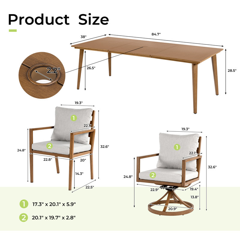 Ensemble repas 9 pièces en aluminium brun avec table rectangulaire Michael, 2 chaises pivotantes et coussins gris clair