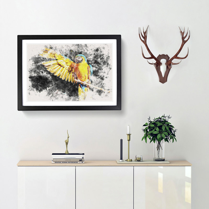 Yellow Macaw Parrot Watercolour - Framed Print, 33cm H x 45cm W x 2cm D, Black