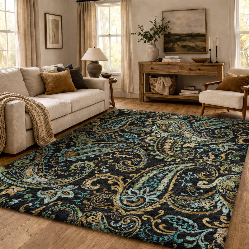 Tapis cachemire de qualité supérieure lavable à la machine ADS533, Noir, 8 pi x 10 pi