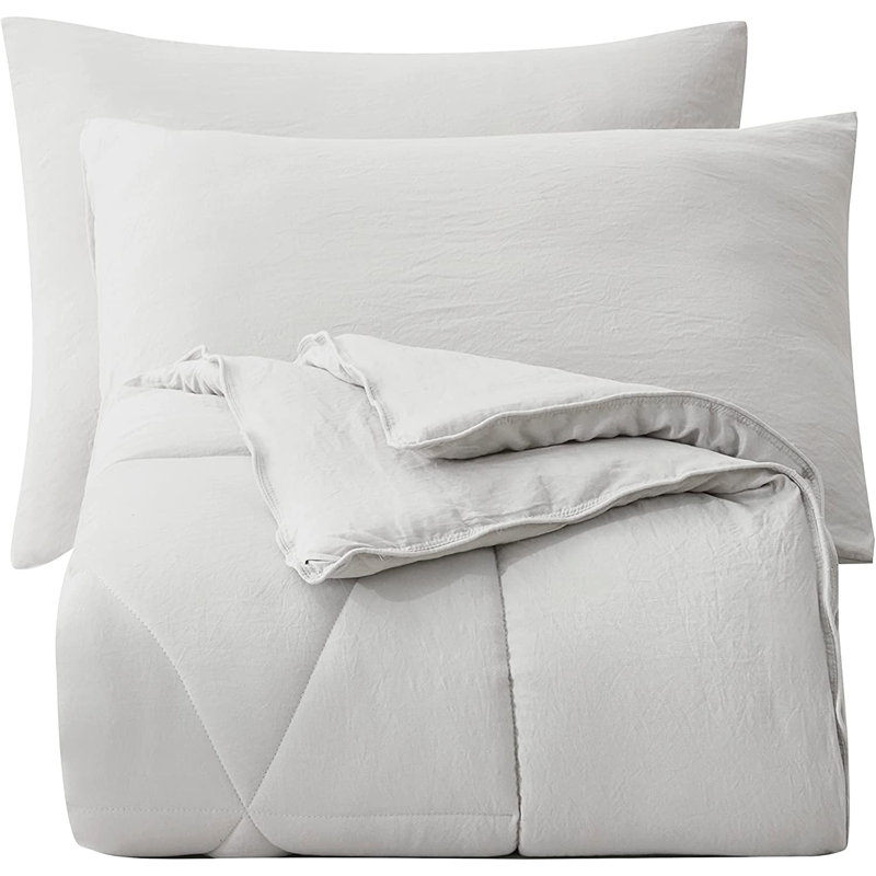 Washed Microfiber Bedding Polyester Comforter, King Comforter + 2 King Shams, Light Gray