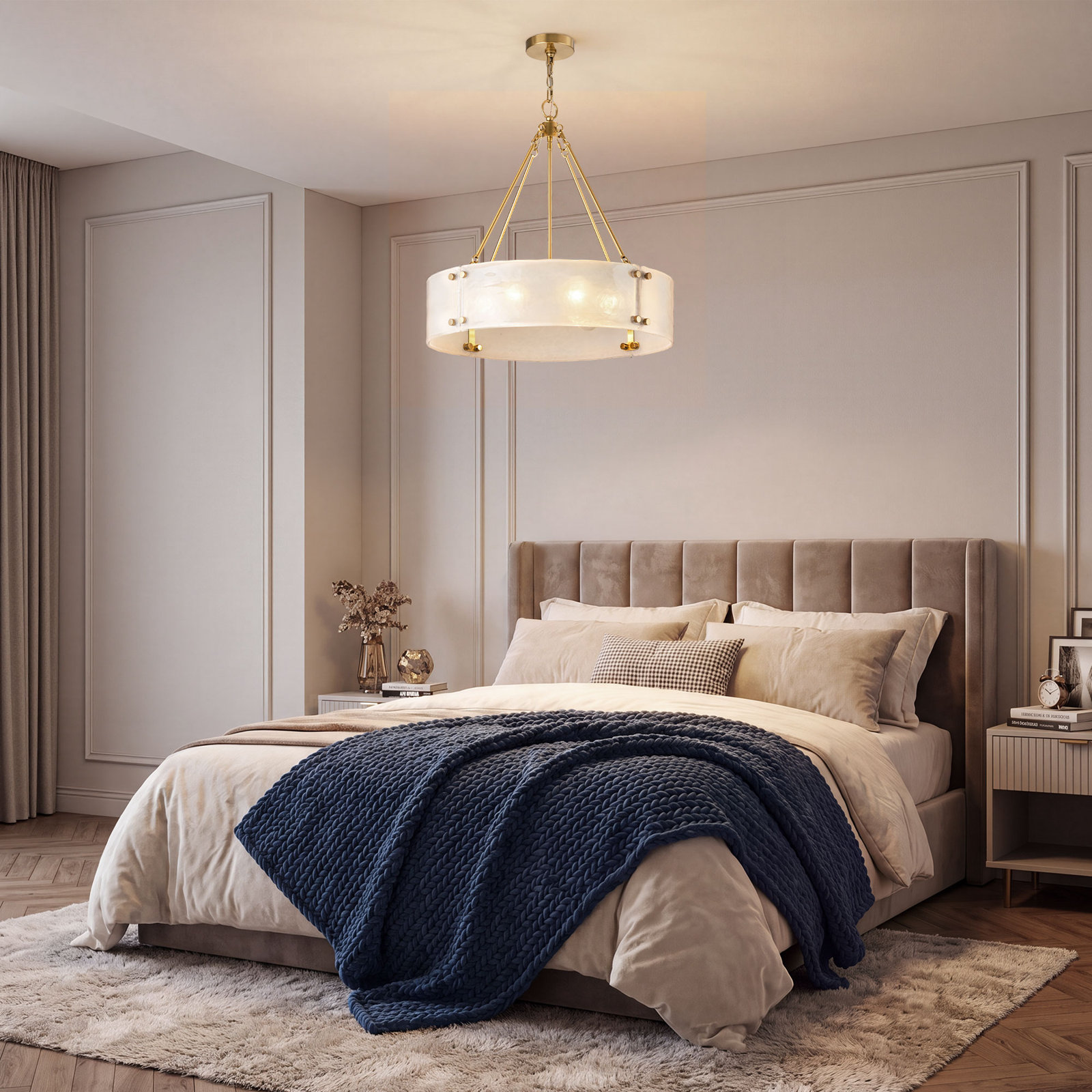 Nicola 6-Light Dimmable Glass Drum Chandelier, Pearl White