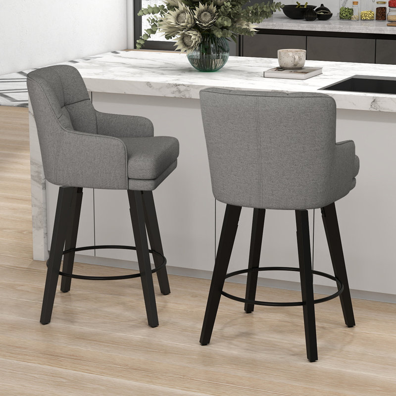 26''H Upholstered 360°Swivel Counter Height Bar Stools, Wood Legs Kitchen Island Chairs, Beige Seat/ Natural Frame, 4