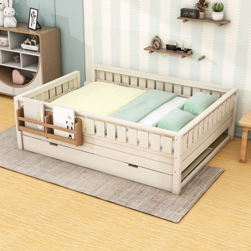 Lit plateforme en bois avec lit gigogne, bibliothèque et escalier, Queen, Beige