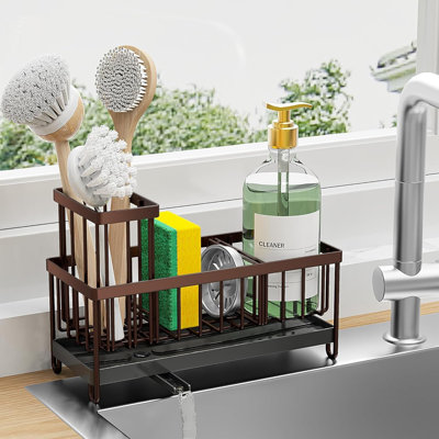 360° Rotating Spout Sink Caddy With Brush Holder - Rustproof Stainless Steel Sink Organizer