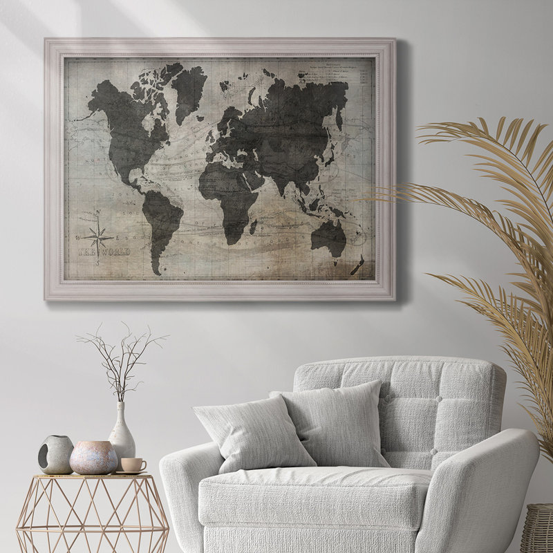 Carte du monde sur toile de qualité supérieure - prête à être accrochée, Encadré en gris clair, H 21 po x l 25 po x P 2,5 po