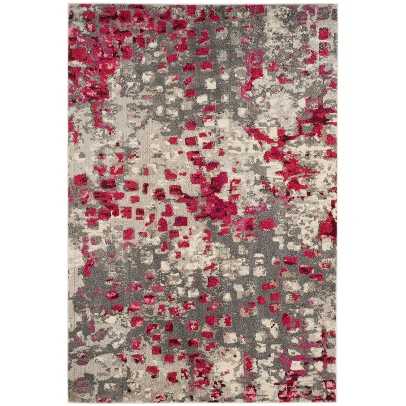 Tapis abstrait Hertzler, Rectangle 3 pi x 5 pi, Gris / fuchsia
