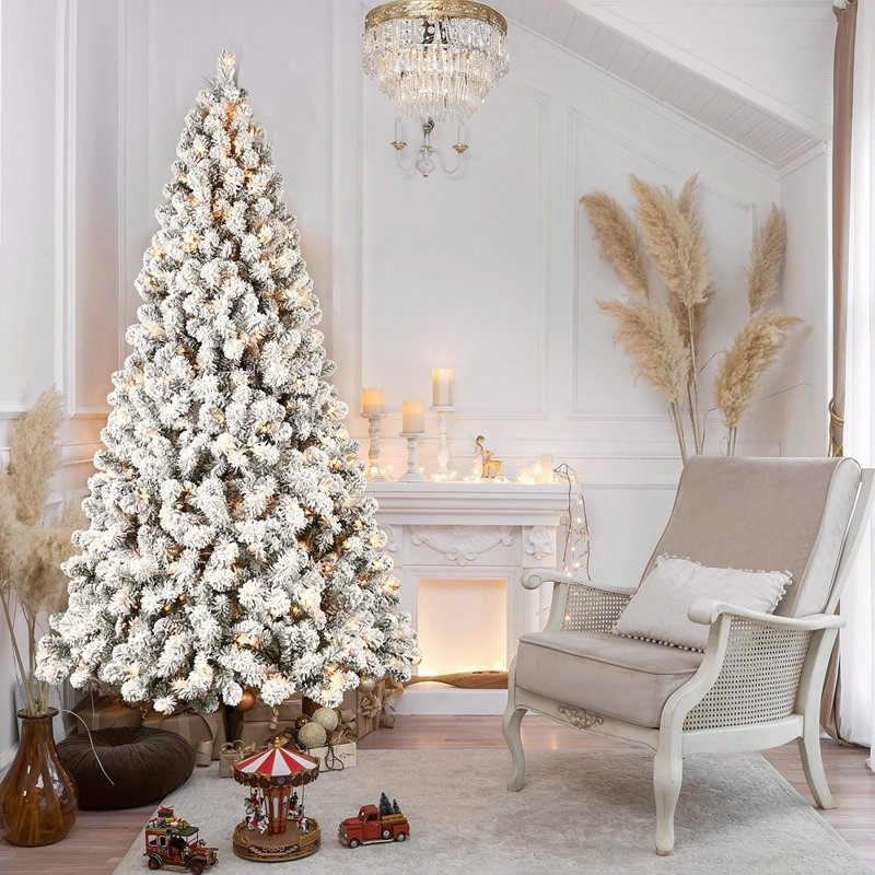 Arbre de Noël illuminé 5 pi avec 200 lumières UL blanc chaud, 551 pointes en PVC, fil à mémoire dépliable, assemblage facile et support en métal stable - décor des Fêtes enneigé