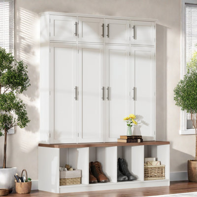 Farmhouse Hall Tree with 4 Hidden Hanging Hooks, Walnut Seating Bench with 8 Doors – Entryway Shoe Cabinet with Open Compartments, 4-in-1 Storage Bench for Mudroom, Living Room, Modern Farmhouse Organizer, Anti-Tipping