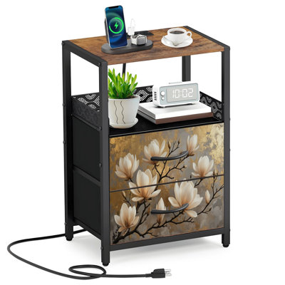 Table de chevet 2 tiroirs en tissu avec station de charge Élégante fleur de magnolia blanc Branches sombres Table de chevet dorée Table de bout avec tablettes USB ouvertes et prises