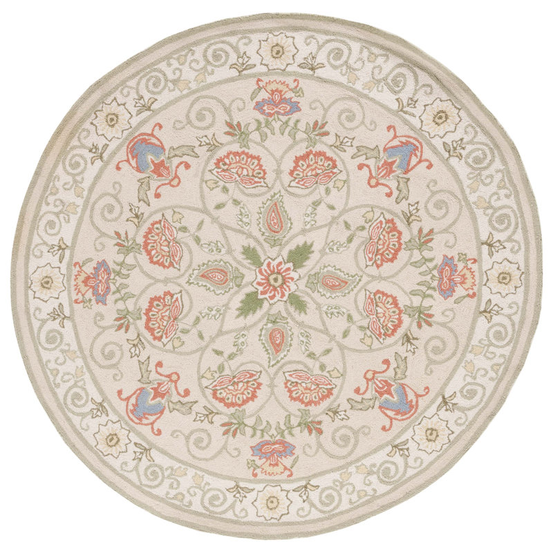 Hollander Floral Hand-Hooked Wool Beige/Green Area Rug, Round 4'