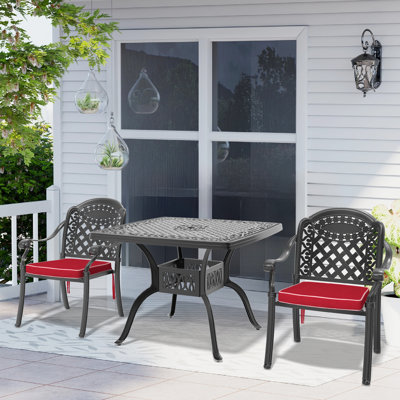 Ensemble de table d'extérieur carré en fonte d'aluminium avec trou pour parasol et coussins de couleur rouge L 39,37 po Shawnita