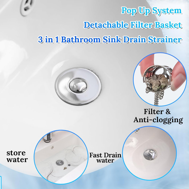 3-in-1 Pop-Up Bathroom Sink Drain Strainer – 3 O-Ring Universal Fit 1.06"-1.61" Drains Brass Anti-Clog Stopper