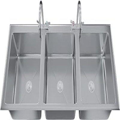 Évier de cuisine commercial à trois cuves en acier inoxydable de 40,6 cm (16 po) de longueur, 40,6 cm (16 po) de largeur x 50,8 cm (20 po) de profondeur x 30,5 cm (12 po) de longueur