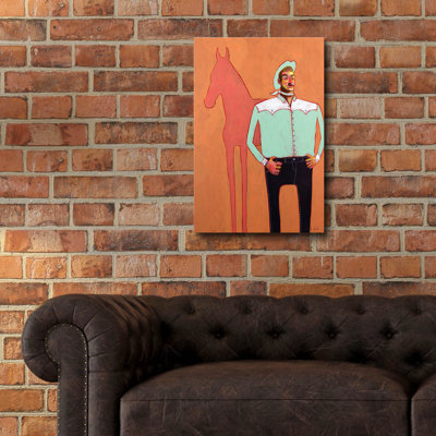 «The Cowboy» par Bebe Keith, art mural en verre acrylique, 16 po x 24 po