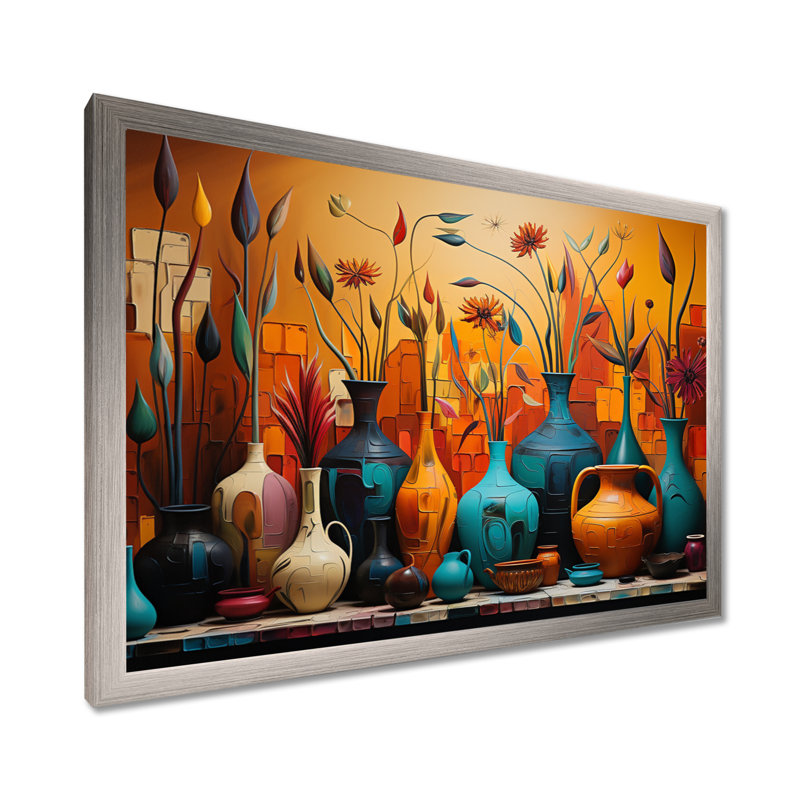 «Orange Boho Pottery Expressions I», art sur toile Boho Pottery, Cadre de coin argenté fermé, H 16 po x l 32 po x P 1 po