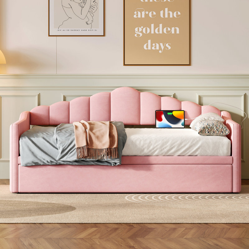 Upholstered Twin Size Daybed With Adjustable Height Pop Up Trundle Twin Bed And Usb & Type-C Charging Port, Day Bed Frame With 2 Side Pockets