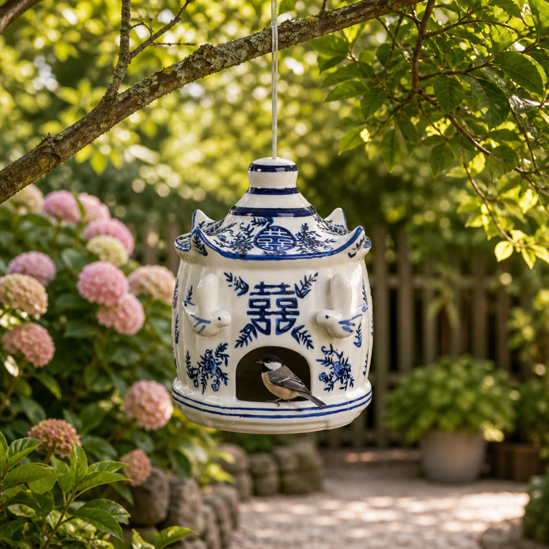 Sagebrook Home 8X7" Chinoiserie Large Pagoda Bird House, White/Blue