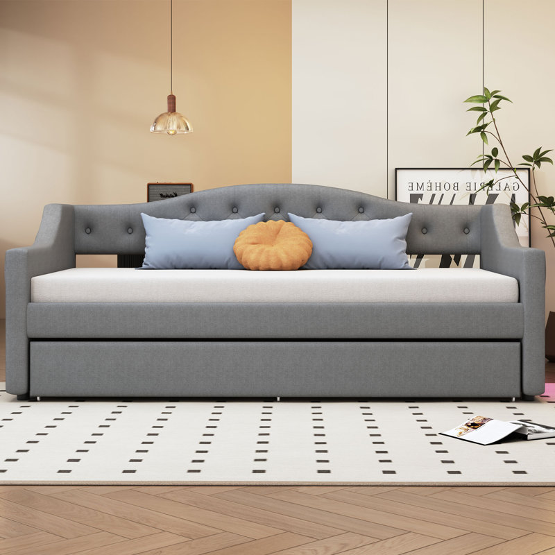 Upholstered Daybed With LED and Trundle, Gray