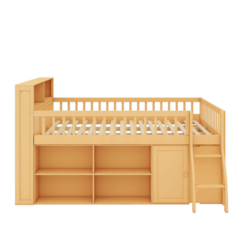 Queen Low Loft Bed With Storage Headboard And LED Lights, Wooden Loft Bed Frame With Storage Shelves, Natural, Queen