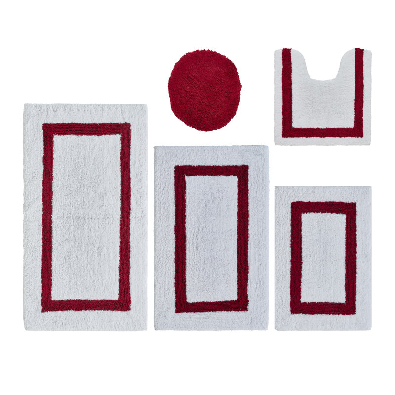 Ensemble de tapis de bain 5 pièces Makbul Premium 100% coton 2370 g / m², certifié OEKO-TEX®, tapis de salle de bain touffeté ultra moelleux, super absorbant, réversible, lavable à la machine, confort semblable au spa, blanc / rouge
