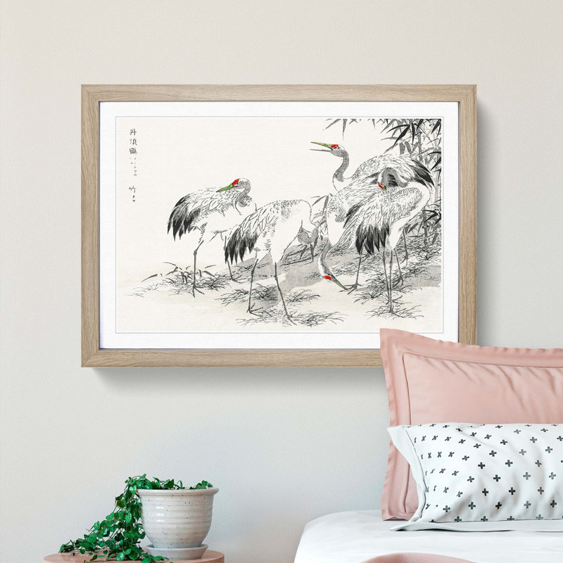 Japanese Cranes by the Bamboo by Numata Kashu - Picture Frame Painting Print, Oak Framed, 48cm H x 65cm W x 2cm D